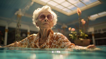 old woman granny having fun with selfie in the swimming pool in swimsuiteの素材