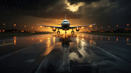 airplane taking off with speed on runway at sunset with clouds in the backgroundの素材
