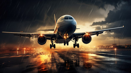 airplane taking off with speed on runway at sunset with clouds in the backgroundの素材