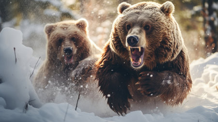 close-up portrait of two big brown bears fighting with mouthes open with teeth and paws with claws looking aggresiveの素材