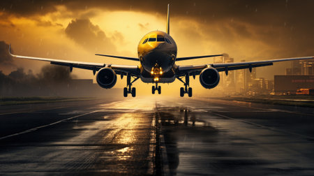 airplane taking off with speed on runway at sunset with clouds in the backgroundの素材