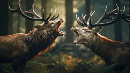 close-up portrait of red deer fighting and roaring during rut in forest with huge horns in fallの素材