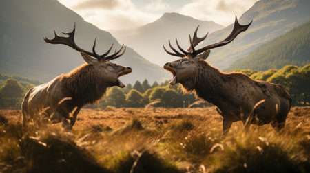 close-up portrait of red deer fighting and roaring during rut in forest with huge horns in fallの素材