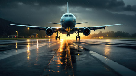 airplane taking off with speed on runway at sunset with clouds in the backgroundの素材