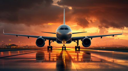 airplane taking off with speed on runway at sunset with clouds in the backgroundの素材