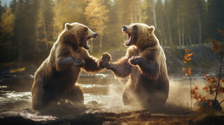 close-up portrait of two big brown bears fighting with mouthes open with teeth and paws with claws looking aggresiveの素材