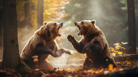 close-up portrait of two big brown bears fighting with mouthes open with teeth and paws with claws looking aggresiveの素材