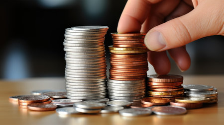 close-up stack of coins isolated with hand and finger touching pile of savingsの素材