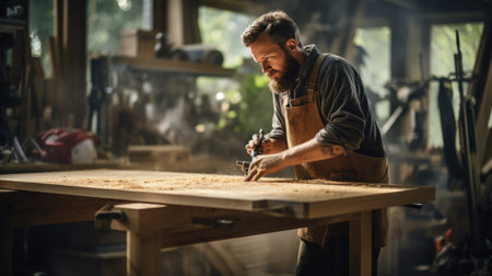 portrait of carpenter man making furniture in workshop with wood focusedの素材