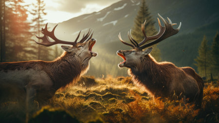 close-up portrait of red deer fighting and roaring during rut in forest with huge horns in fallの素材