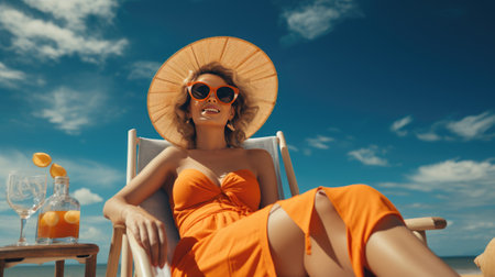 elderly retired happy old woman enjoying sunny day on deckchair with cocktail wearing sunglassesの素材