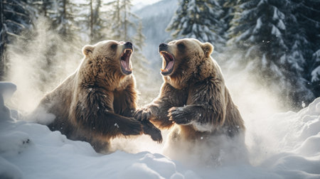 close-up portrait of two big brown bears fighting with mouthes open with teeth and paws with claws looking aggresiveの素材