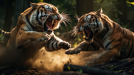 close-up portrait of two amu tigers in snow forest fighting and roaring with teeth and clawsの素材