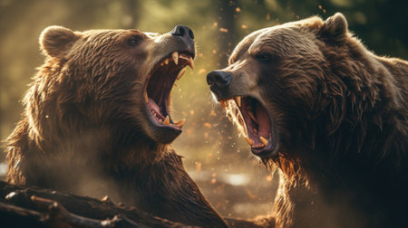 close-up portrait of two big brown bears fighting with mouthes open with teeth and paws with claws looking aggresiveの素材