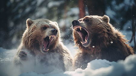 close-up portrait of two big brown bears fighting with mouthes open with teeth and paws with claws looking aggresiveの素材
