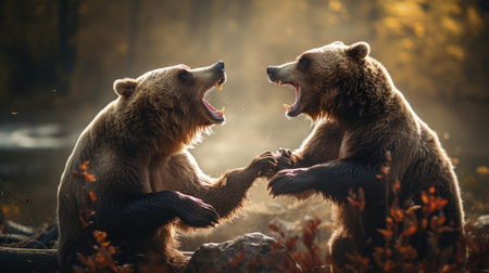 close-up portrait of two big brown bears fighting with mouthes open with teeth and paws with claws looking aggresiveの素材