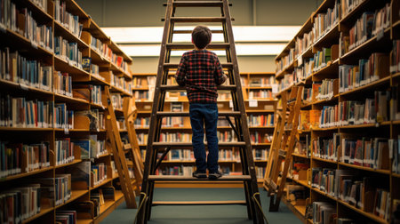 portrait of small schoolboy in librabry with ladder looking for books to readの素材