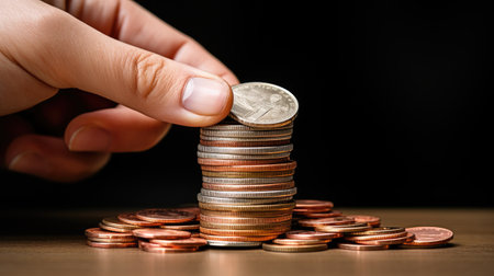 close-up stack of coins isolated with hand and finger touching pile of savingsの素材