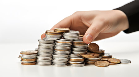 close-up stack of coins isolated with hand and finger touching pile of savingsの素材
