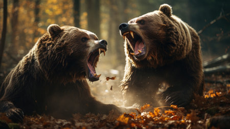 close-up portrait of two big brown bears fighting with mouthes open with teeth and paws with claws looking aggresiveの素材