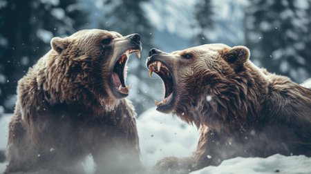 close-up portrait of two big brown bears fighting with mouthes open with teeth and paws with claws looking aggresiveの素材