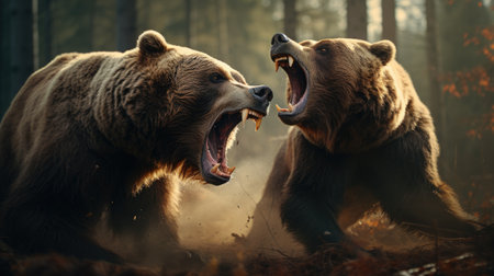 close-up portrait of two big brown bears fighting with mouthes open with teeth and paws with claws looking aggresiveの素材