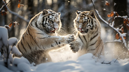 close-up portrait of two amu tigers in snow forest fighting and roaring with teeth and clawsの素材