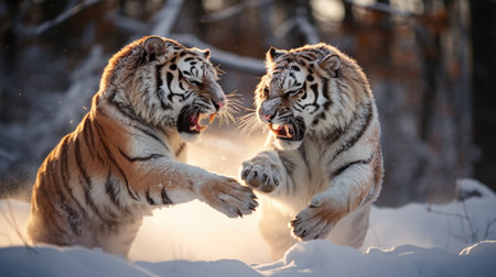 close-up portrait of two amu tigers in snow forest fighting and roaring with teeth and clawsの素材
