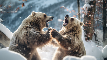 close-up portrait of two big brown bears fighting with mouthes open with teeth and paws with claws looking aggresiveの素材