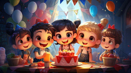 illustration of small happy children with balloons and cake at birthday party smillingの素材