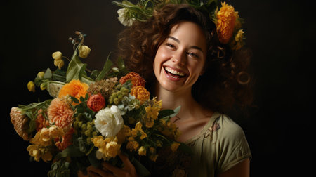 portrait of attractive young woman holding bouquet of colourful flowers with a smileの素材