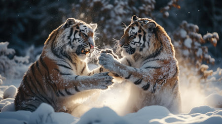 close-up portrait of two amu tigers in snow forest fighting and roaring with teeth and clawsの素材