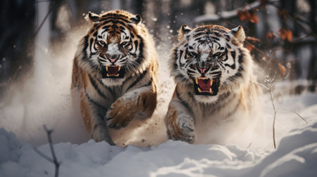 close-up portrait of two amu tigers in snow forest fighting and roaring with teeth and clawsの素材