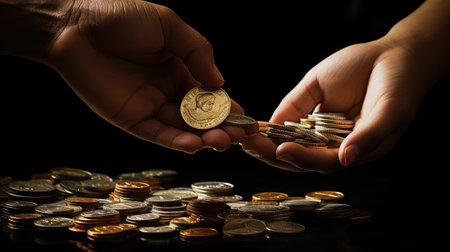 close-up stack of coins isolated with hand and finger touching pile of savingsの素材