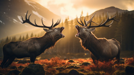 close-up portrait of red deer fighting and roaring during rut in forest with huge horns in fallの素材