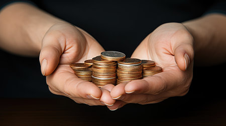 close-up stack of coins isolated with hand and finger touching pile of savingsの素材