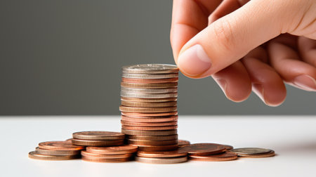 close-up stack of coins isolated with hand and finger touching pile of savingsの素材