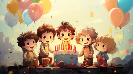 illustration of small happy children with balloons and cake at birthday party smillingの素材
