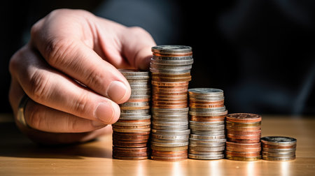 close-up stack of coins isolated with hand and finger touching pile of savingsの素材