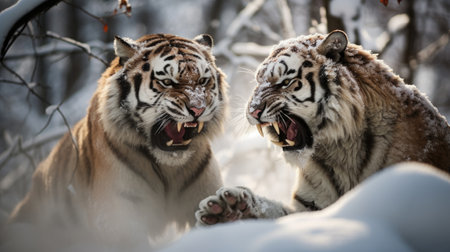 close-up portrait of two amu tigers in snow forest fighting and roaring with teeth and clawsの素材
