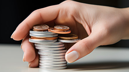 close-up stack of coins isolated with hand and finger touching pile of savingsの素材