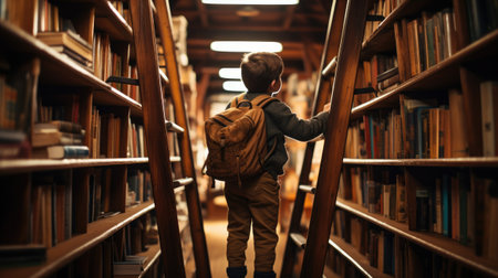 portrait of small schoolboy in librabry with ladder looking for books to readの素材