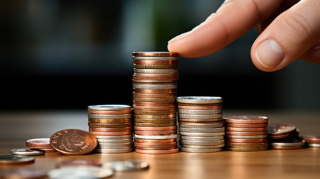 close-up stack of coins isolated with hand and finger touching pile of savingsの素材