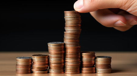 close-up stack of coins isolated with hand and finger touching pile of savingsの素材