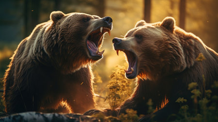 close-up portrait of two big brown bears fighting with mouthes open with teeth and paws with claws looking aggresiveの素材