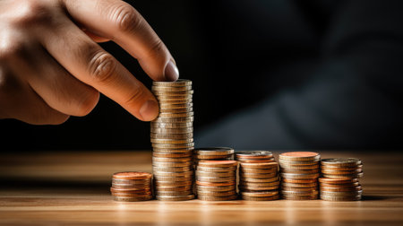 close-up stack of coins isolated with hand and finger touching pile of savingsの素材