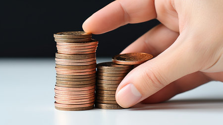 close-up stack of coins isolated with hand and finger touching pile of savingsの素材