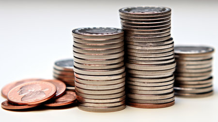 stack of metal coins change in a bunch isolated as a pileの素材
