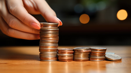 close-up stack of coins isolated with hand and finger touching pile of savingsの素材