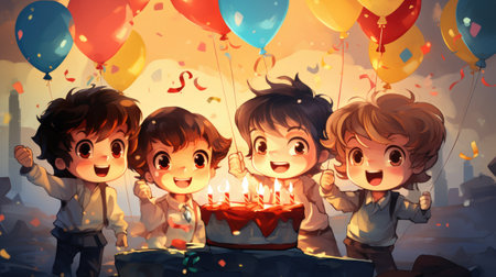 illustration of small happy children with balloons and cake at birthday party smillingの素材